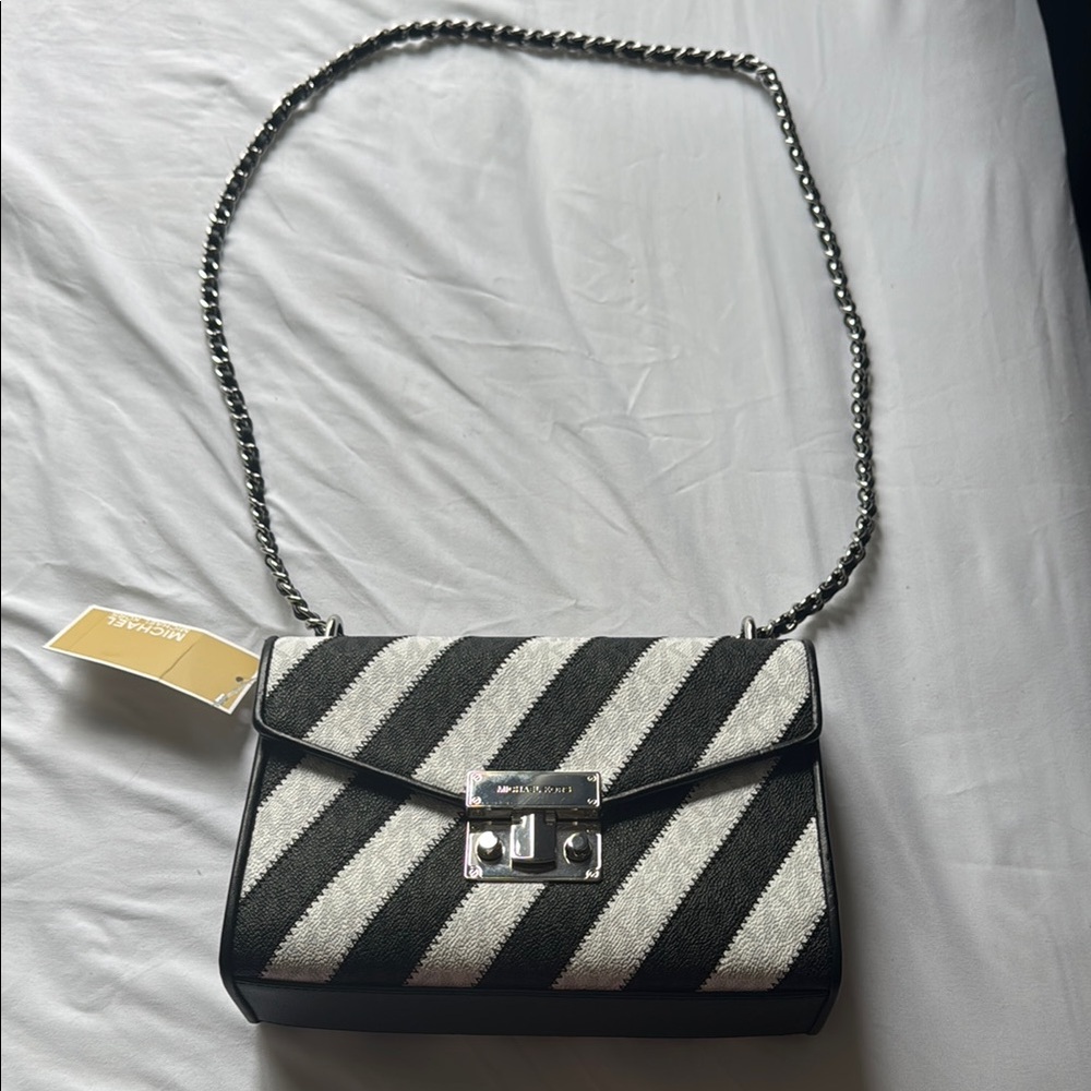 Michael Kors Black and White Crossbody Bag with Chain Strap